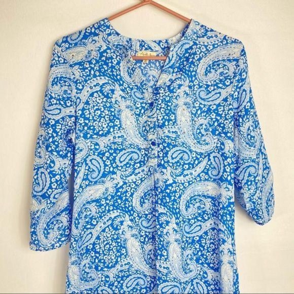 4/$25 Antilia Femme Top Blouse Tunic Blue Paisley 3/4 Roll Tab Sleeve Women Sz S - Picture 11 of 12